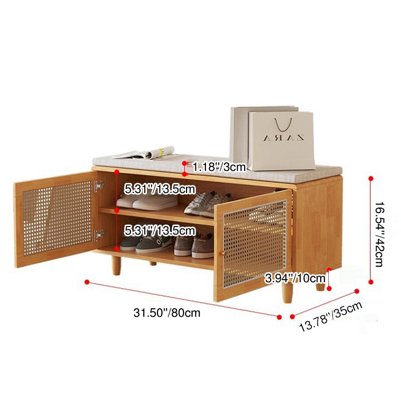 Contemporary Nordic Rectangular Solid Wood & Plastic Rattan Weaving Shoe Bench 2-Storage For Entryway