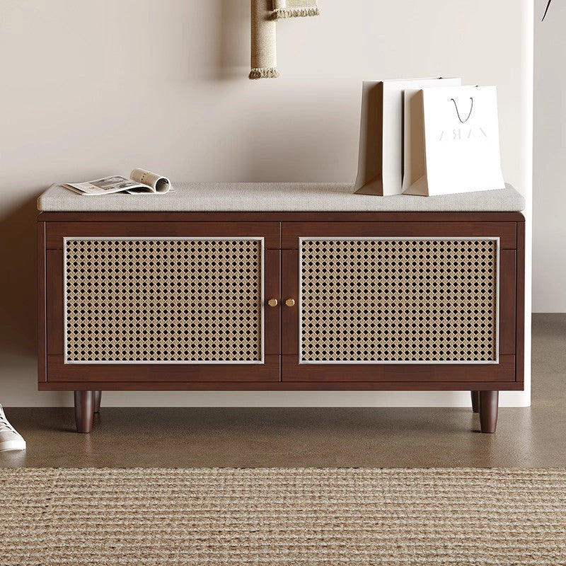 Contemporary Nordic Rectangular Solid Wood & Plastic Rattan Weaving Shoe Bench 2-Storage For Entryway