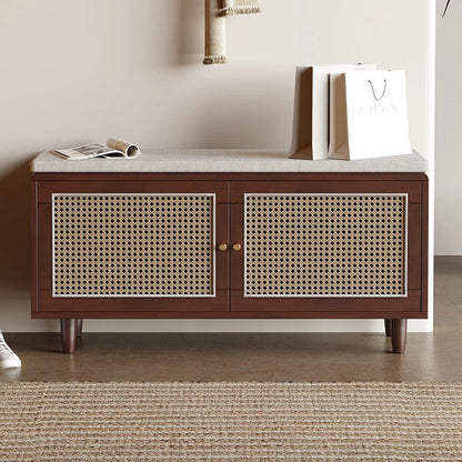 Contemporary Nordic Rectangular Solid Wood & Plastic Rattan Weaving Shoe Bench 2-Storage For Entryway