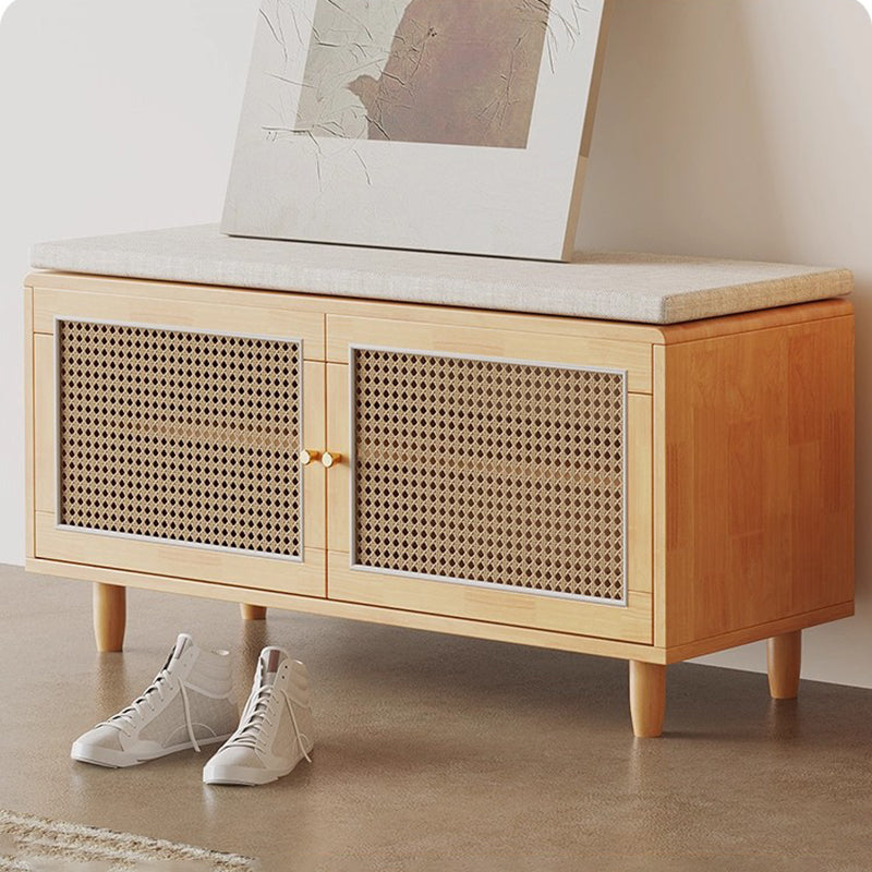Contemporary Nordic Rectangular Solid Wood & Plastic Rattan Weaving Shoe Bench 2-Storage For Entryway