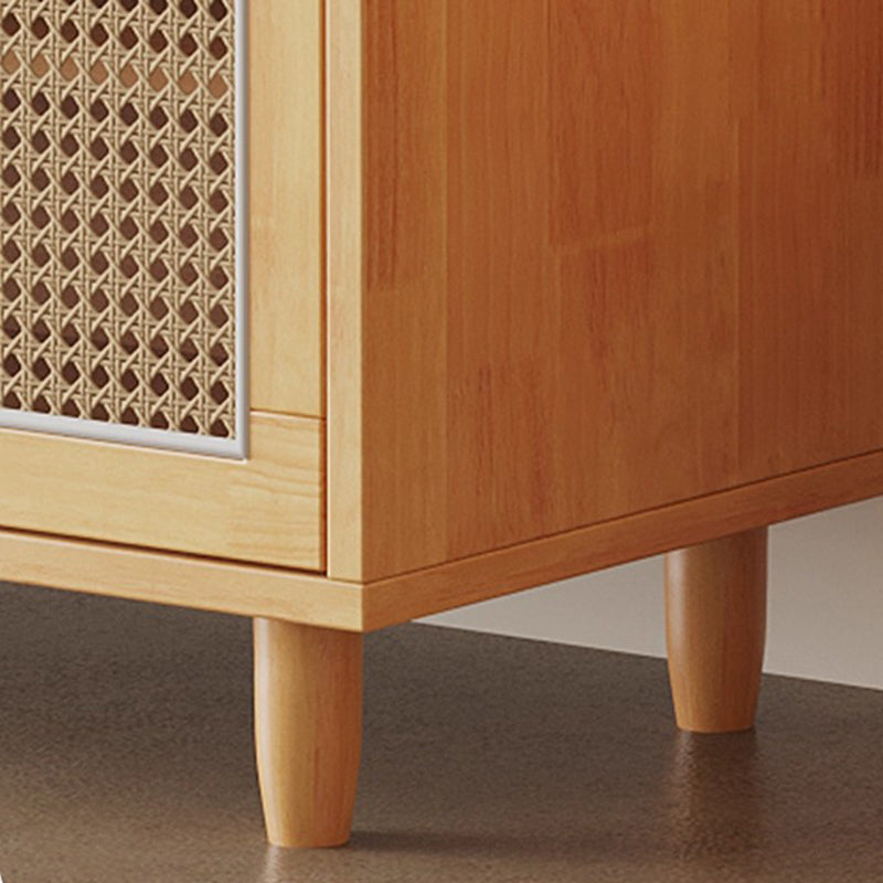 Contemporary Nordic Rectangular Solid Wood & Plastic Rattan Weaving Shoe Bench 2-Storage For Entryway
