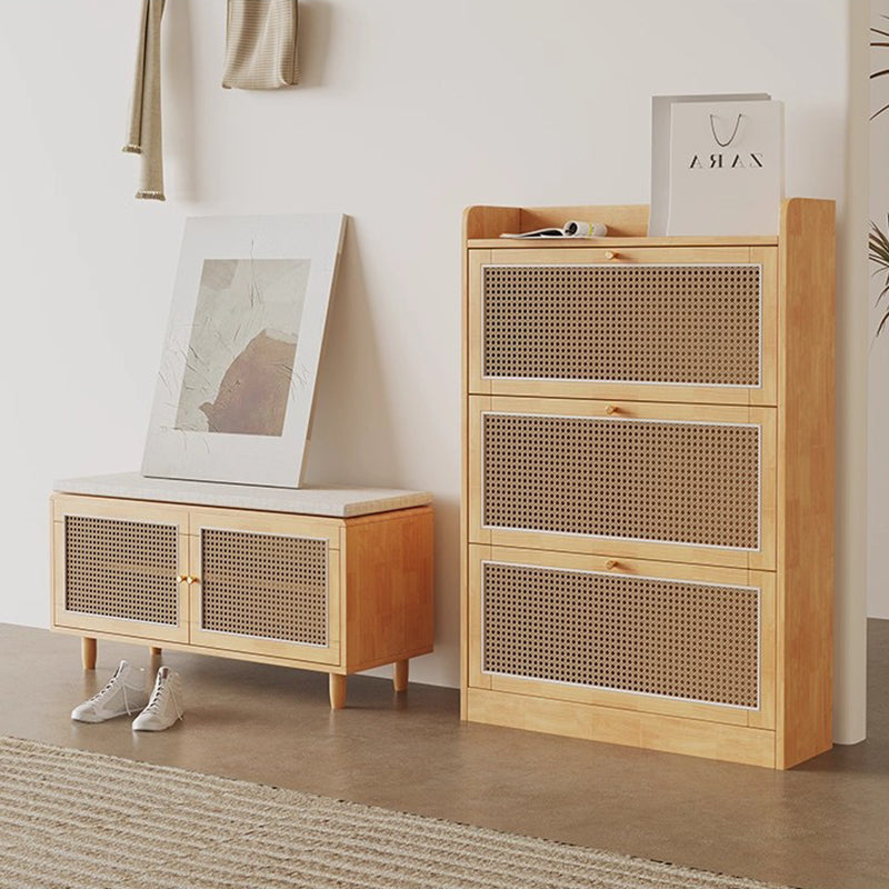 Contemporary Nordic Rectangular Solid Wood & Plastic Rattan Weaving Shoe Bench 2-Storage For Entryway