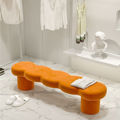 Contemporary Creative Solid Wood Wave-Design Bench With Faux Leather/Velvet For Entryway