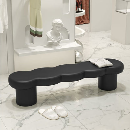 Contemporary Creative Solid Wood Wave-Design Bench With Faux Leather/Velvet For Entryway