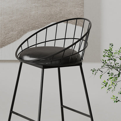 Modern Minimalist Wrought Iron & Leather Round Bar Stool With Backrest Footrest For Dining Room