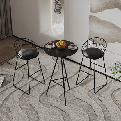 Modern Minimalist Wrought Iron & Leather Round Bar Stool With Backrest Footrest For Dining Room
