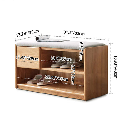 Modern Minimalist Solid Wood & Linen Rectangular Shoe Bench With Drawer And Dual Storage Spaces For Entryway