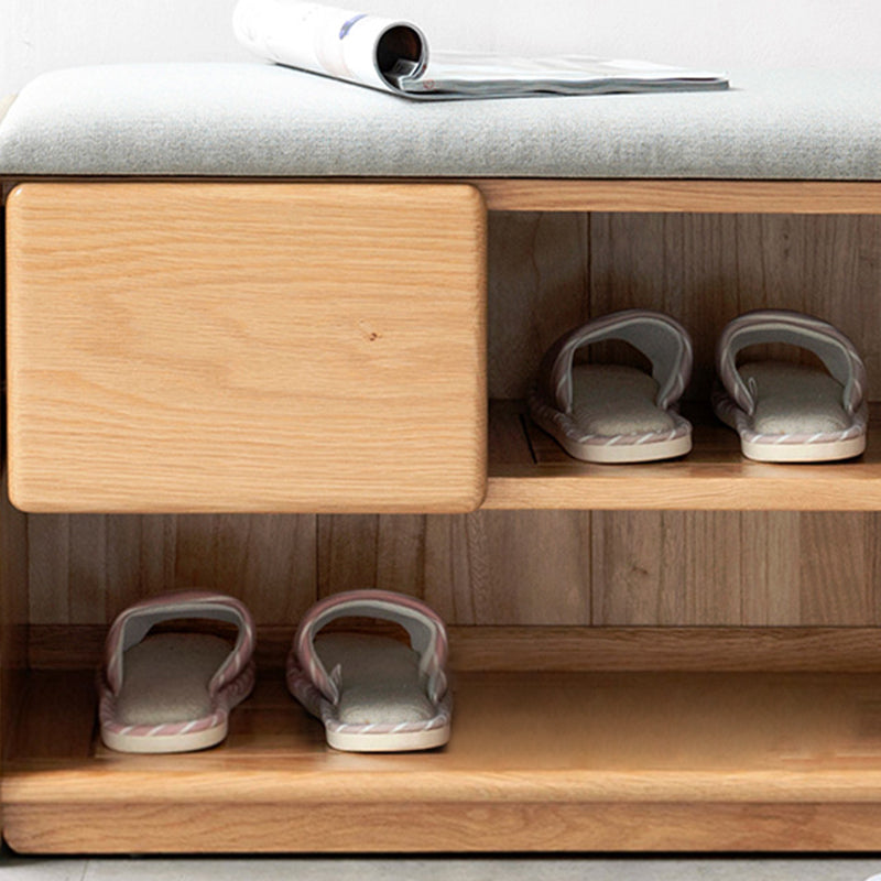 Modern Minimalist Solid Wood & Linen Rectangular Shoe Bench With Drawer And Dual Storage Spaces For Entryway