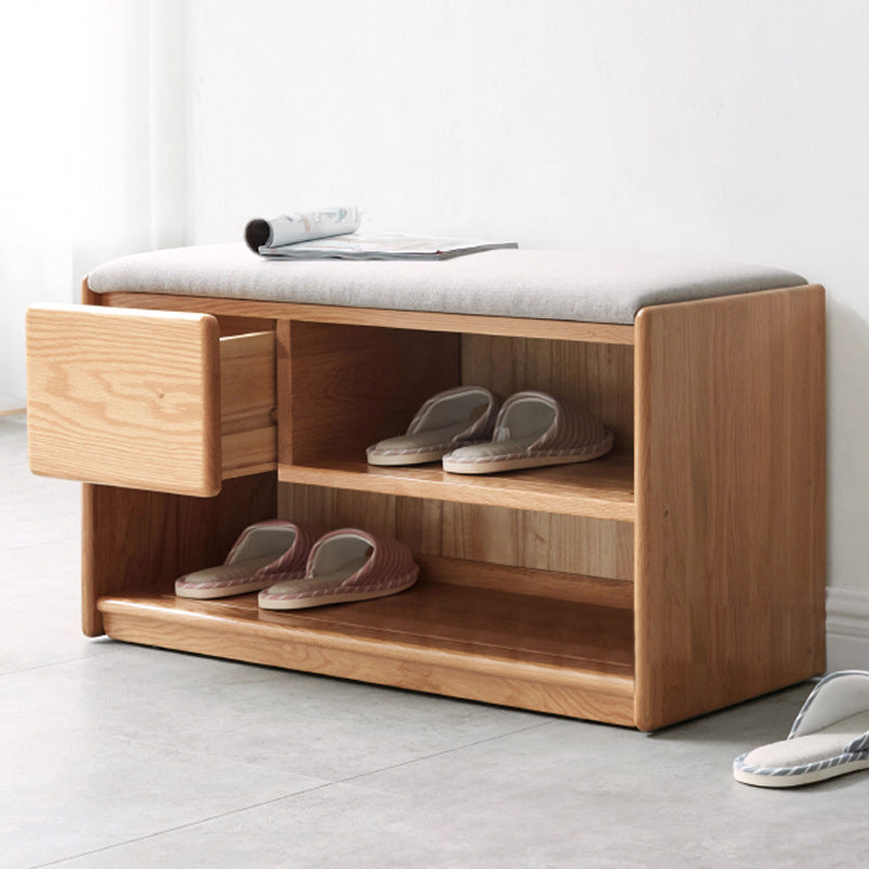 Modern Minimalist Solid Wood & Linen Rectangular Shoe Bench With Drawer And Dual Storage Spaces For Entryway