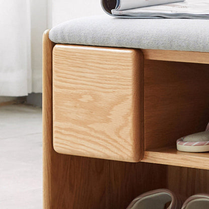 Modern Minimalist Solid Wood & Linen Rectangular Shoe Bench With Drawer And Dual Storage Spaces For Entryway