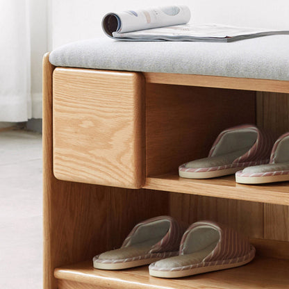 Modern Minimalist Solid Wood & Linen Rectangular Shoe Bench With Drawer And Dual Storage Spaces For Entryway