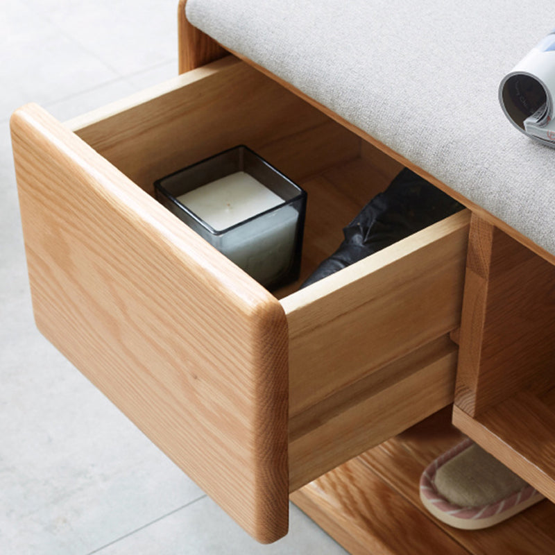 Modern Minimalist Solid Wood & Linen Rectangular Shoe Bench With Drawer And Dual Storage Spaces For Entryway