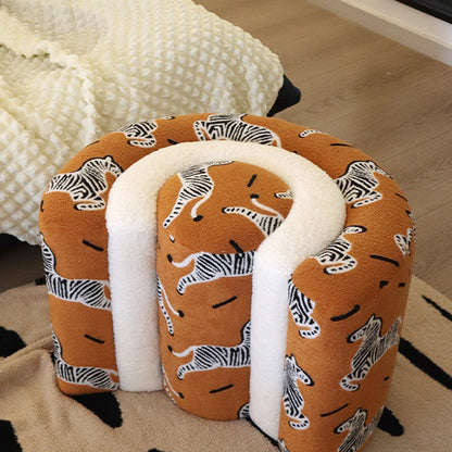 Contemporary Creative Plywood Sherpa Fabric U-Shaped Zebra Pattern Low Stool For Entryway And Living Room
