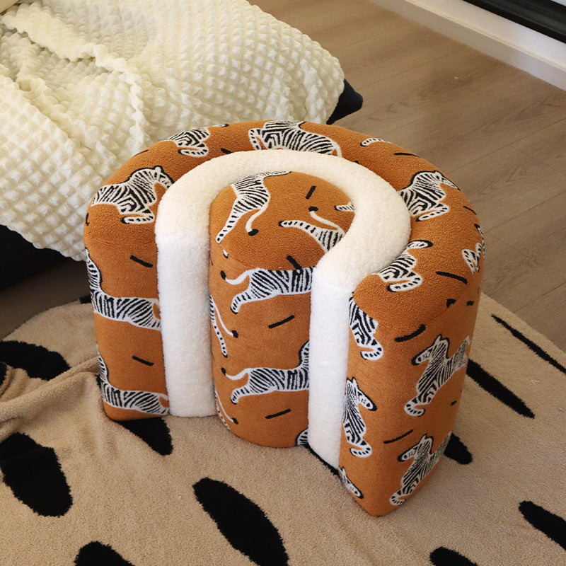 Contemporary Creative Plywood Sherpa Fabric U-Shaped Zebra Pattern Low Stool For Entryway And Living Room