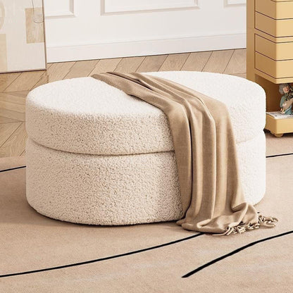 Modern Minimalist Sherpa Fabric Solid Wood Frame MDF Oval Low Stool With Hidden Storage For Entryway