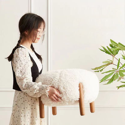 Contemporary Scandinavian Sherpa Fabric Solid Wood Round Low Stool For Entryway & Living Room