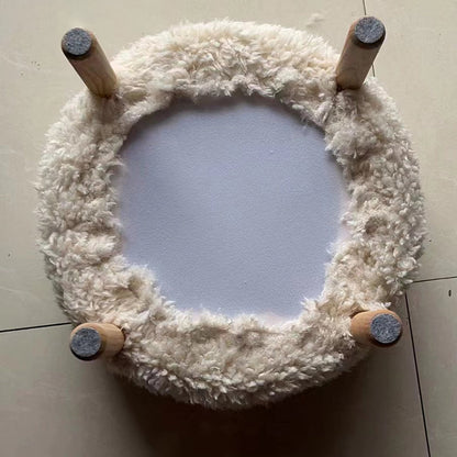 Contemporary Scandinavian Sherpa Fabric Solid Wood Round Low Stool For Entryway & Living Room