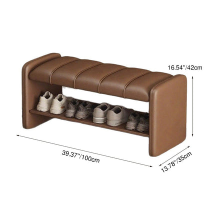 Modern Luxury Faux Leather Plywood Rectangular Shoe Bench With 2-Tier Storage For Entryway