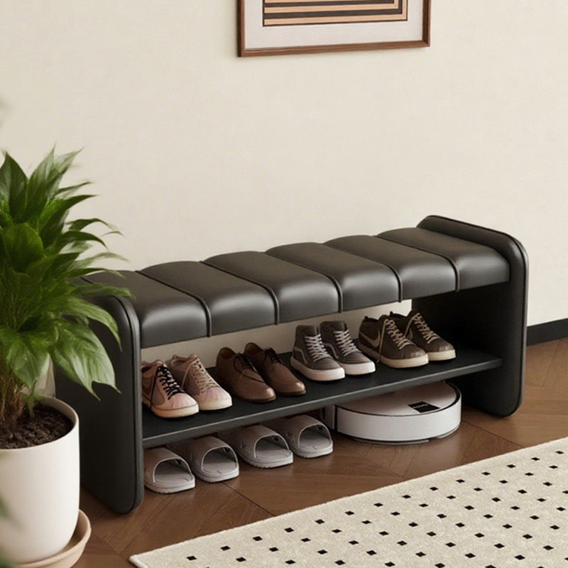 Modern Luxury Faux Leather Plywood Rectangular Shoe Bench With 2-Tier Storage For Entryway