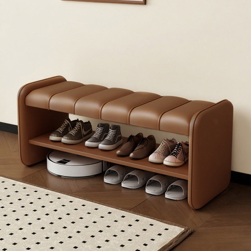 Modern Luxury Faux Leather Plywood Rectangular Shoe Bench With 2-Tier Storage For Entryway