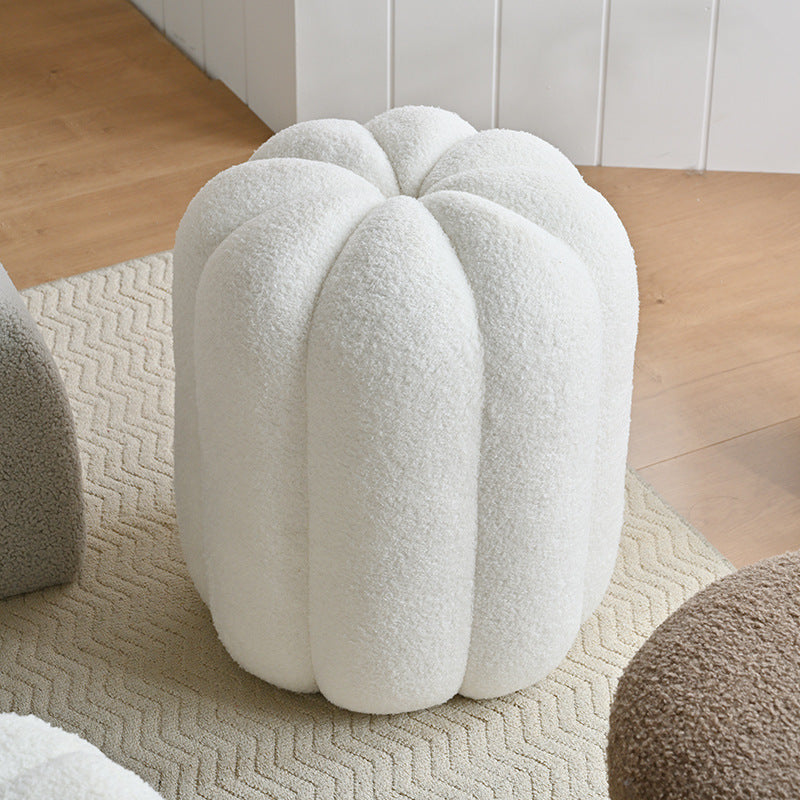 Contemporary Creative Soft Velvet Sherpa Fabric Pumpkin-Shaped Plywood Vanity Stool For Bedroom