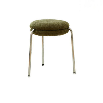 Modern Minimalist Rounded-edge Sherpa Fabric Metal Vanity Stool With Double-layer Cushion For Bedroom