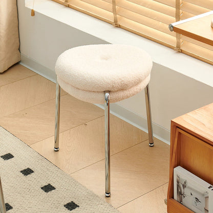 Modern Minimalist Rounded-edge Sherpa Fabric Metal Vanity Stool With Double-layer Cushion For Bedroom