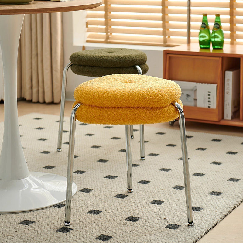 Modern Minimalist Rounded-edge Sherpa Fabric Metal Vanity Stool With Double-layer Cushion For Bedroom