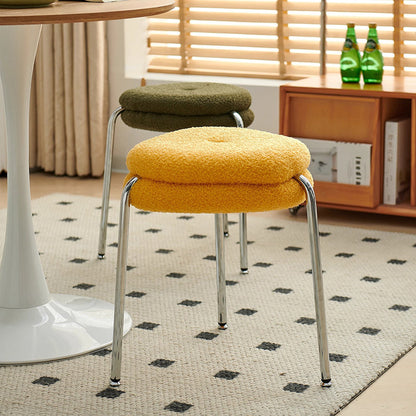 Modern Minimalist Rounded-edge Sherpa Fabric Metal Vanity Stool With Double-layer Cushion For Bedroom