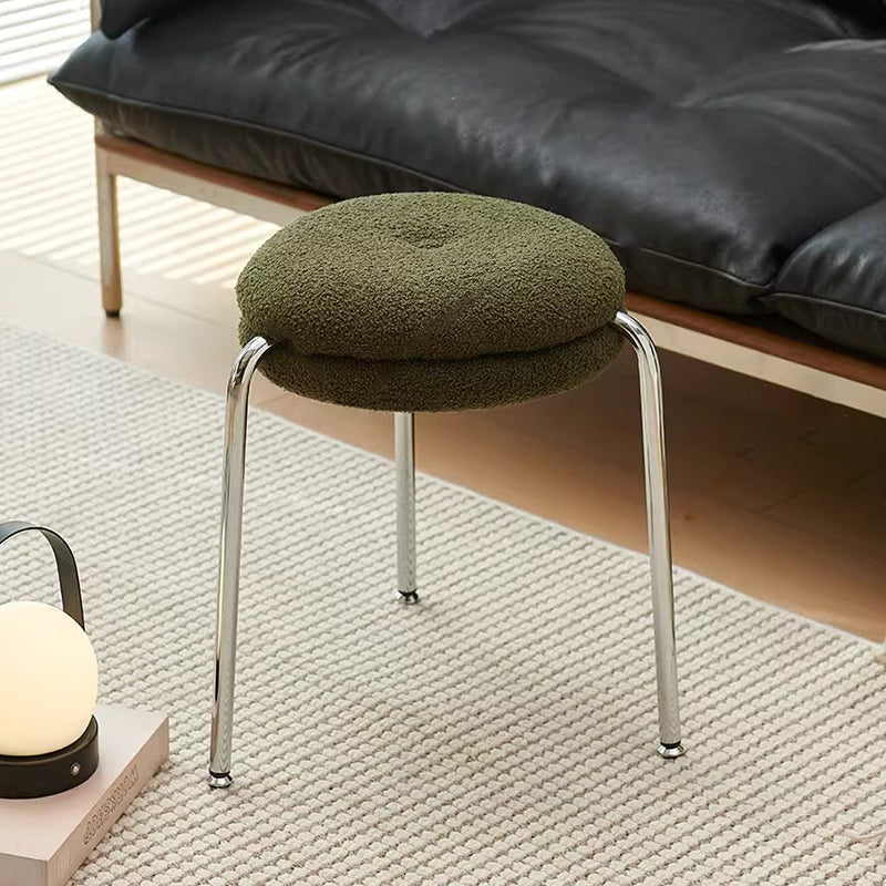 Modern Minimalist Rounded-edge Sherpa Fabric Metal Vanity Stool With Double-layer Cushion For Bedroom