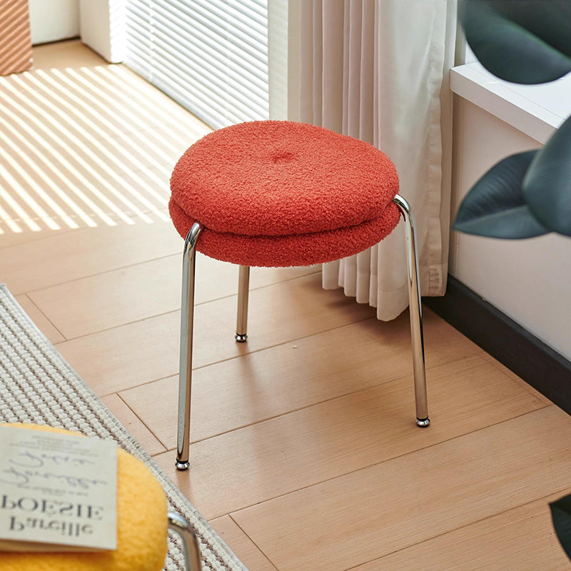 Modern Minimalist Rounded-edge Sherpa Fabric Metal Vanity Stool With Double-layer Cushion For Bedroom