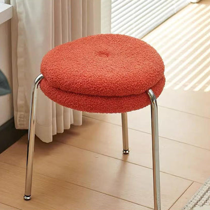 Modern Minimalist Rounded-edge Sherpa Fabric Metal Vanity Stool With Double-layer Cushion For Bedroom