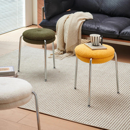 Modern Minimalist Rounded-edge Sherpa Fabric Metal Vanity Stool With Double-layer Cushion For Bedroom