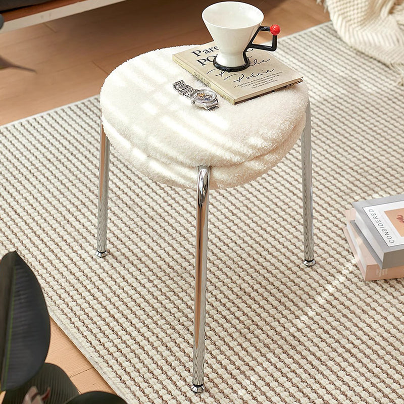 Modern Minimalist Rounded-edge Sherpa Fabric Metal Vanity Stool With Double-layer Cushion For Bedroom