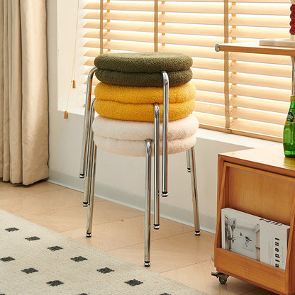 Modern Minimalist Rounded-edge Sherpa Fabric Metal Vanity Stool With Double-layer Cushion For Bedroom