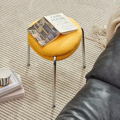 Modern Minimalist Rounded-edge Sherpa Fabric Metal Vanity Stool With Double-layer Cushion For Bedroom