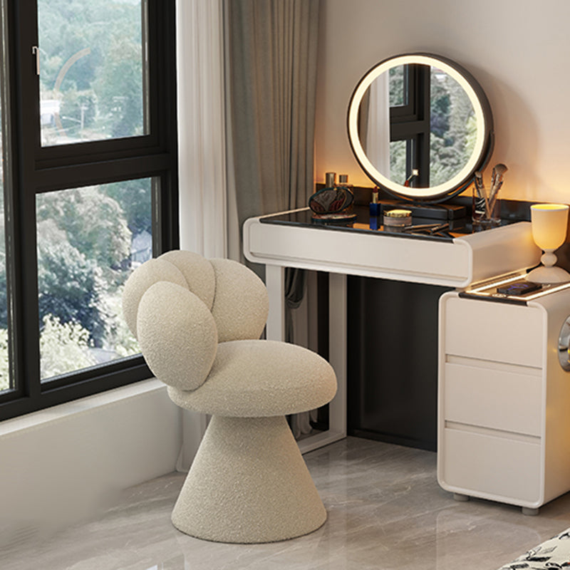 Contemporary Creative Metal Solid Wood & Plywood Sherpa Fabric Petal Vanity Stool With Backrest & Swivel For Bedroom