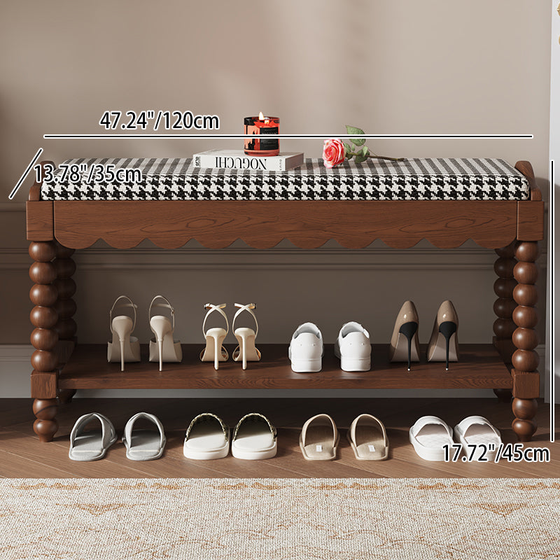 Traditional French Solid Wood Fabric Rectangular Shoe Bench Turned Legs With 2-Tier Storage For Entryway