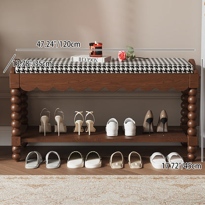 Traditional French Solid Wood Fabric Rectangular Shoe Bench Turned Legs With 2-Tier Storage For Entryway
