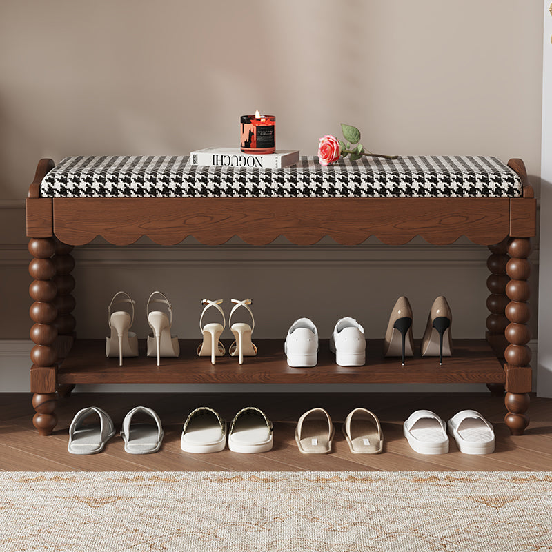 Traditional French Solid Wood Fabric Rectangular Shoe Bench Turned Legs With 2-Tier Storage For Entryway