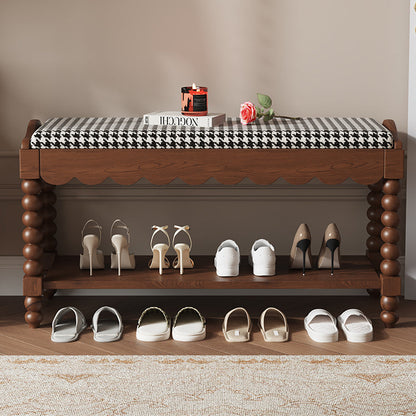 Traditional French Solid Wood Fabric Rectangular Shoe Bench Turned Legs With 2-Tier Storage For Entryway