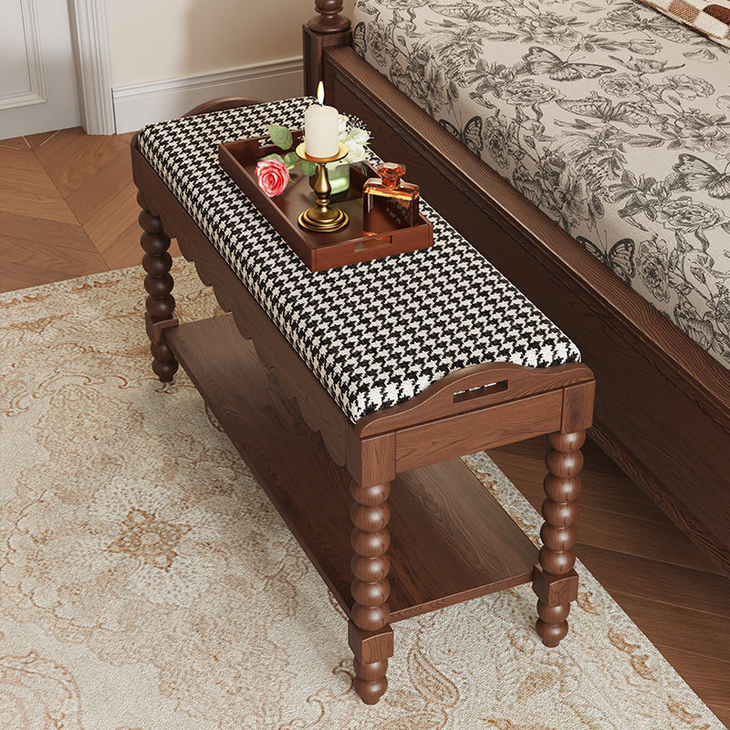 Traditional French Solid Wood Fabric Rectangular Shoe Bench Turned Legs With 2-Tier Storage For Entryway