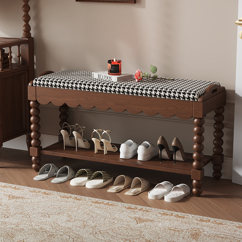 Traditional French Solid Wood Fabric Rectangular Shoe Bench Turned Legs With 2-Tier Storage For Entryway