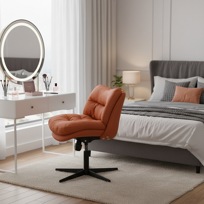 Modern Minimalist Ergonomics Solid Wood & Plywood Steel Faux Leather Vanity Stool With Dual Cushions, Backrest, Adjustable Height & Swivel For Bedroom