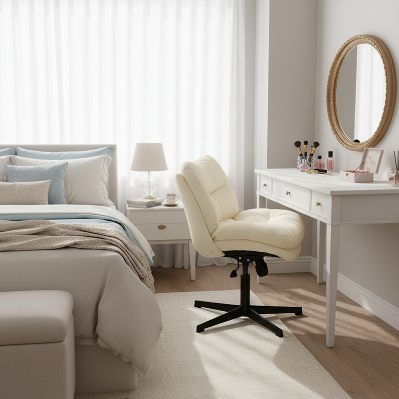 Modern Minimalist Ergonomics Solid Wood & Plywood Steel Faux Leather Vanity Stool With Dual Cushions, Backrest, Adjustable Height & Swivel For Bedroom