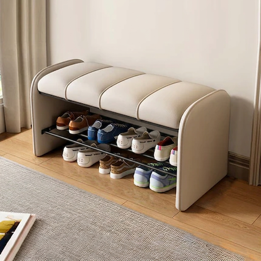 Modern Simplicity Rectangular Iron Synthetic Leather Composite Board Foam Shoe Bench Backless Armless For Entryways
