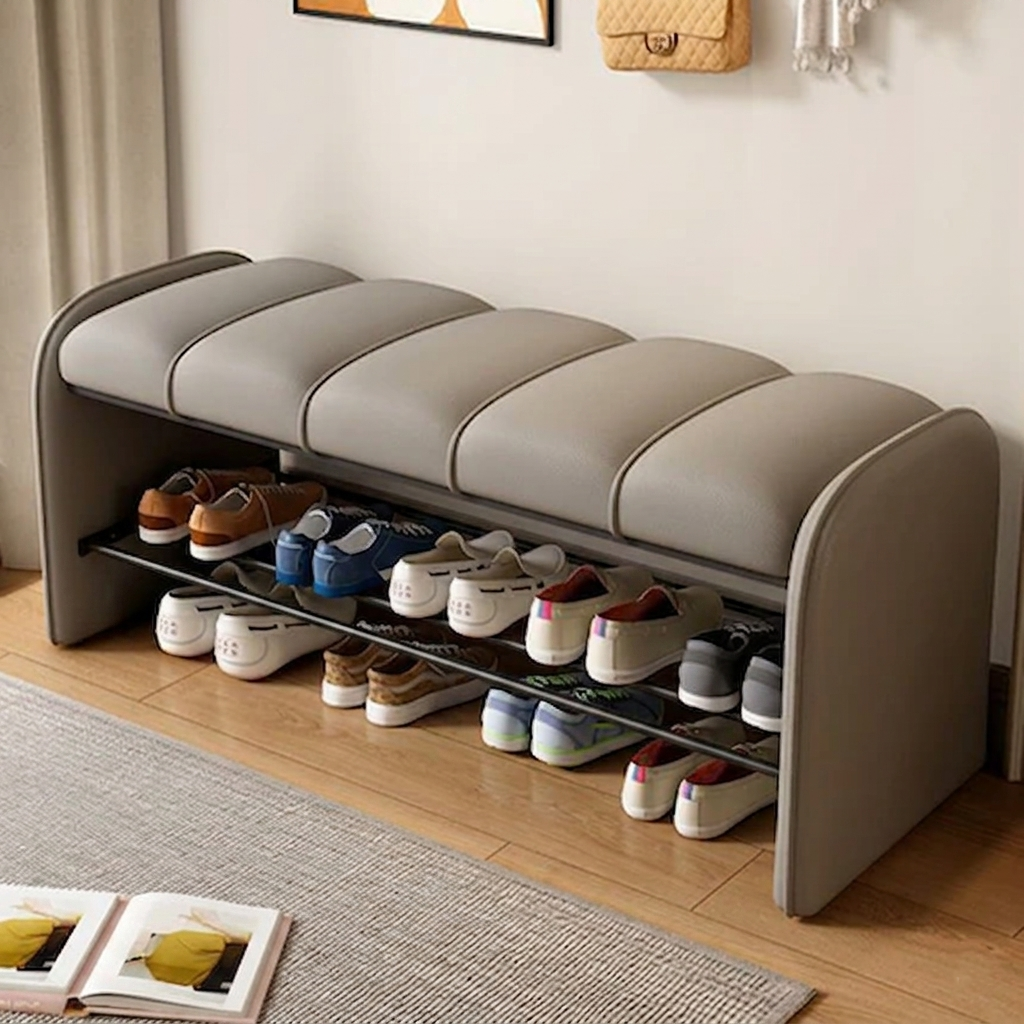 Modern Simplicity Rectangular Iron Synthetic Leather Composite Board Foam Shoe Bench Backless Armless For Entryways