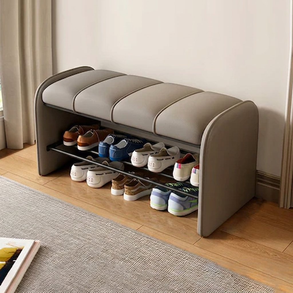 Modern Simplicity Rectangular Iron Synthetic Leather Composite Board Foam Shoe Bench Backless Armless For Entryways