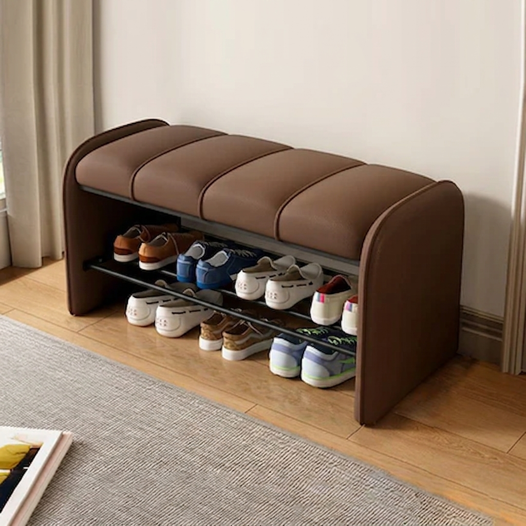 Modern Simplicity Rectangular Iron Synthetic Leather Composite Board Foam Shoe Bench Backless Armless For Entryways