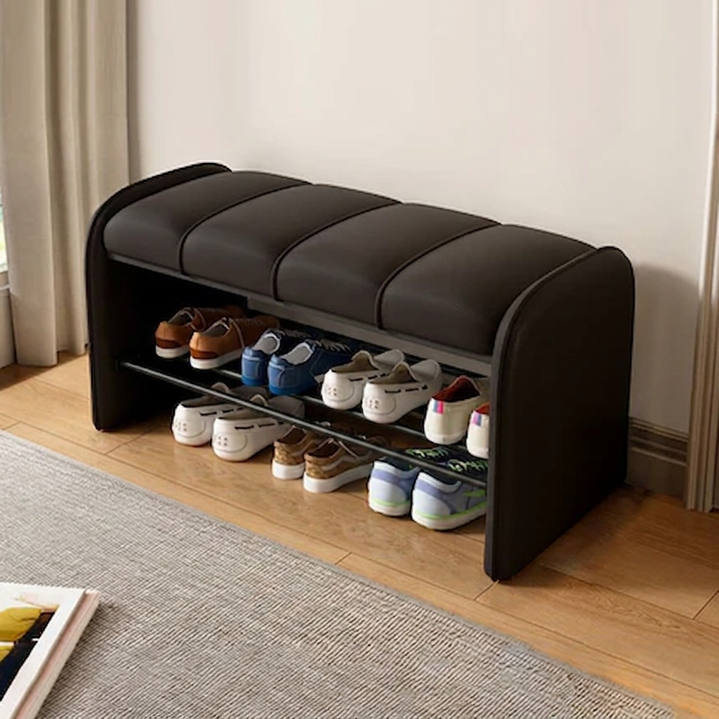 Modern Simplicity Rectangular Iron Synthetic Leather Composite Board Foam Shoe Bench Backless Armless For Entryways